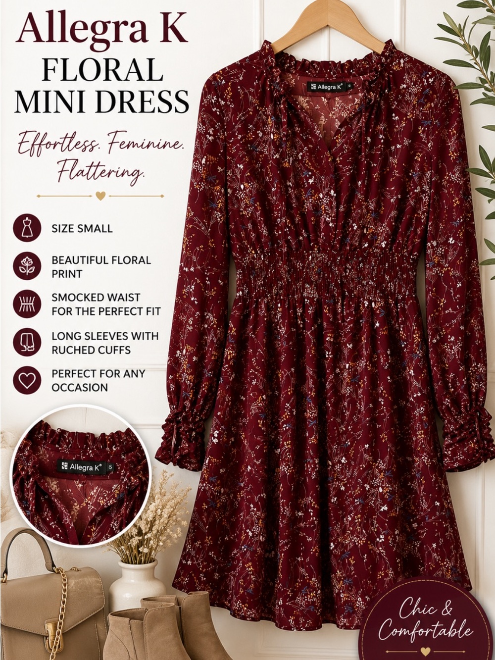 Allegra K Burgundy Floral Smocked Waist Mini Dress